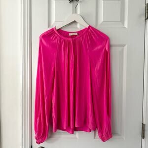 Ramy Brook Barbie Hot Pink Drapey Blouson Satin Blouse Split Long Sleeves Small